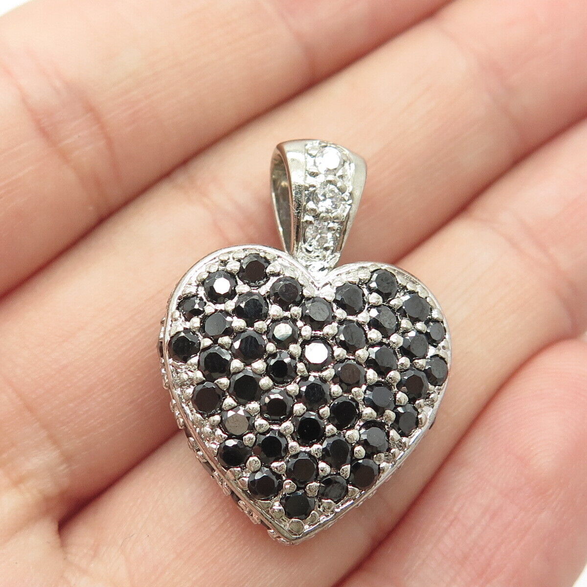 925 Sterling Silver Real Black Spinel Gem & CZ Heart Love Pendant