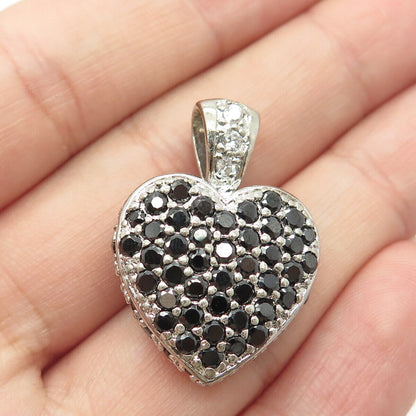 925 Sterling Silver Real Black Spinel Gem & CZ Heart Love Pendant