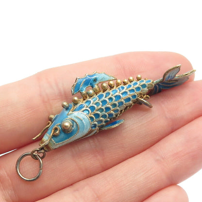 925 Sterling Silver Gold Plated Antique Enamel Chinese Koi Fish Pendant