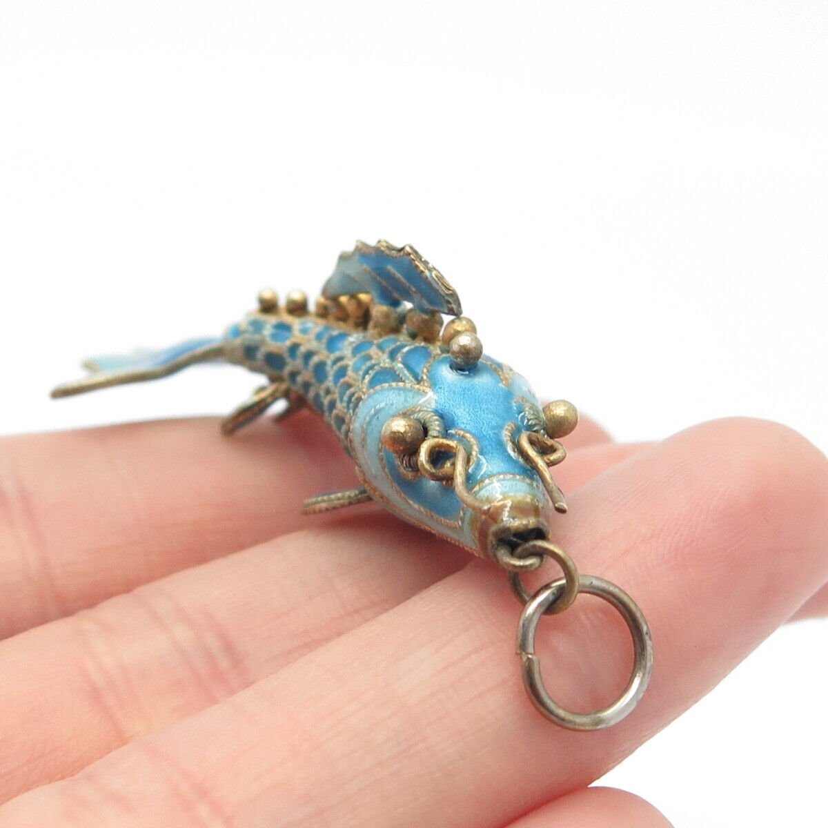 925 Sterling Silver Gold Plated Antique Enamel Chinese Koi Fish Pendant