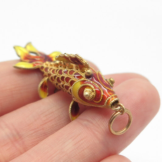 925 Sterling Silver Gold Plated Antique Enamel Chinese Koi Fish Pendant