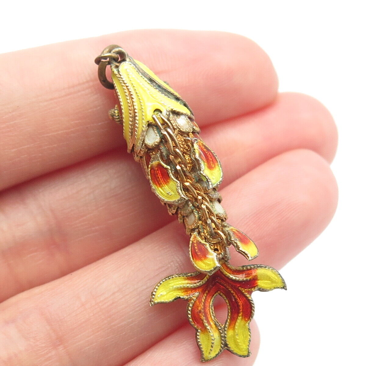 925 Sterling Silver Gold Plated Antique Enamel Chinese Koi Fish Pendant
