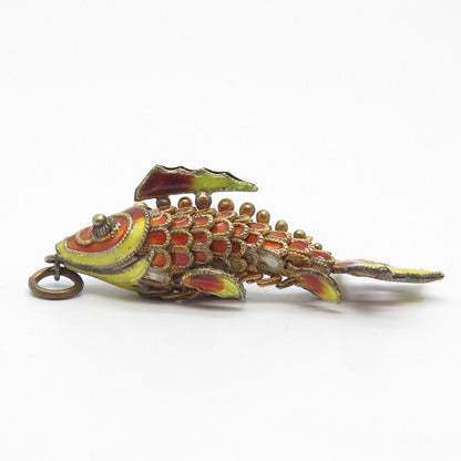 925 Sterling Silver Gold Plated Antique Enamel Chinese Koi Fish Pendant