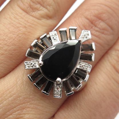 925 Sterling Silver Real Diamond Accent Black Spinel & Smoky Quartz Ring Size 7