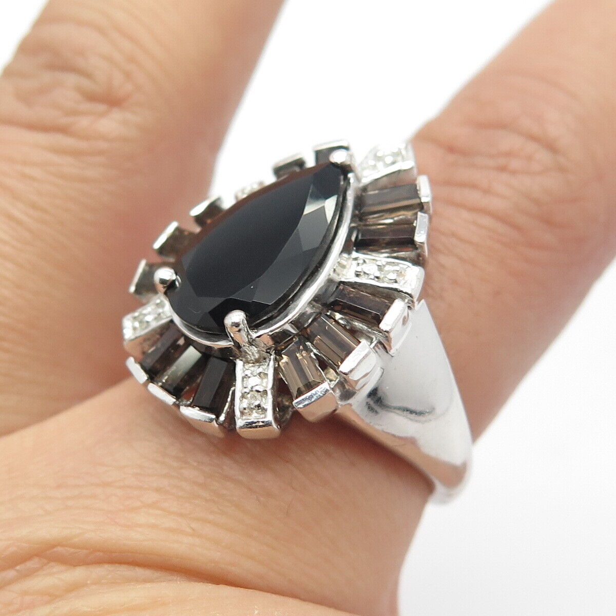 925 Sterling Silver Real Diamond Accent Black Spinel & Smoky Quartz Ring Size 7