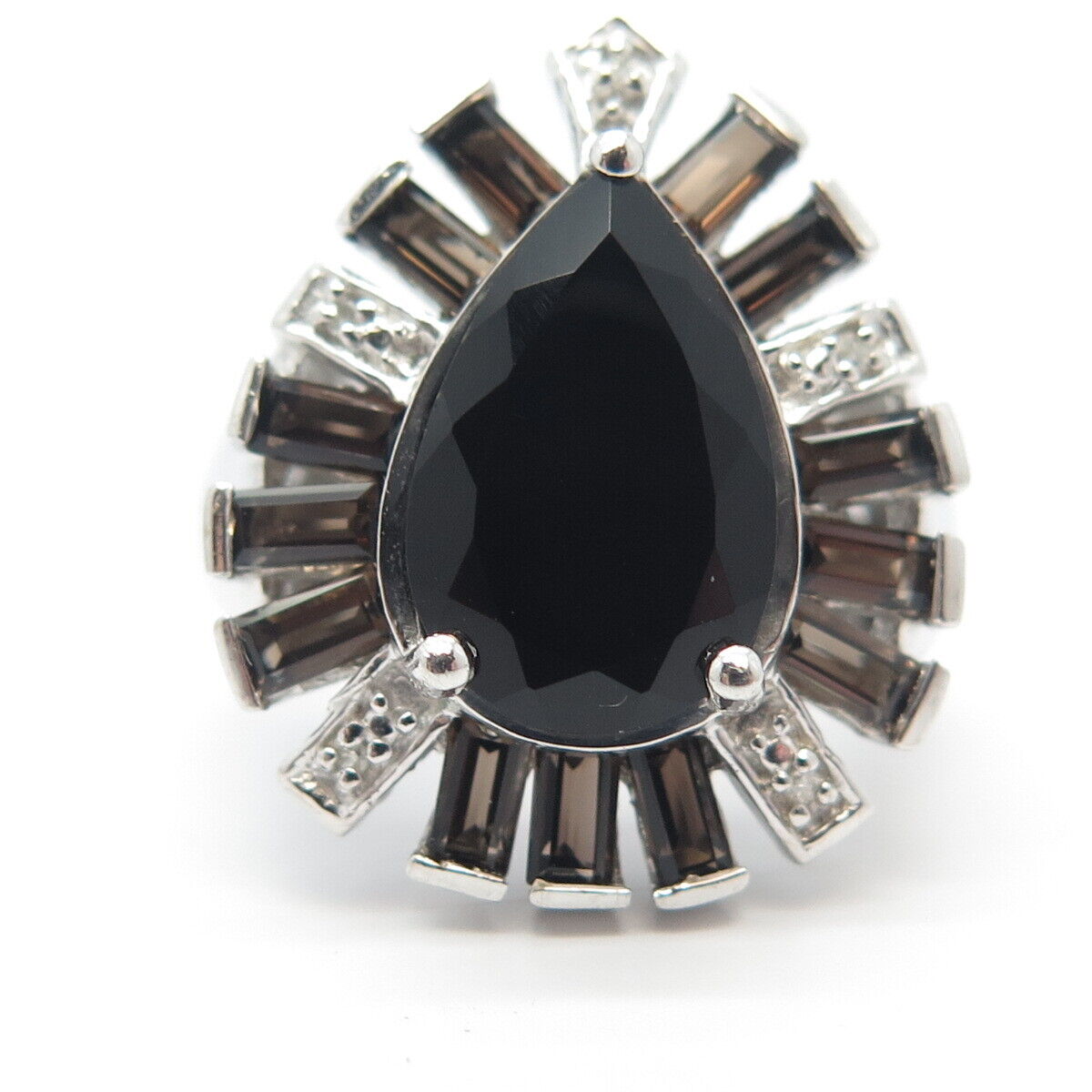 925 Sterling Silver Real Diamond Accent Black Spinel & Smoky Quartz Ring Size 7