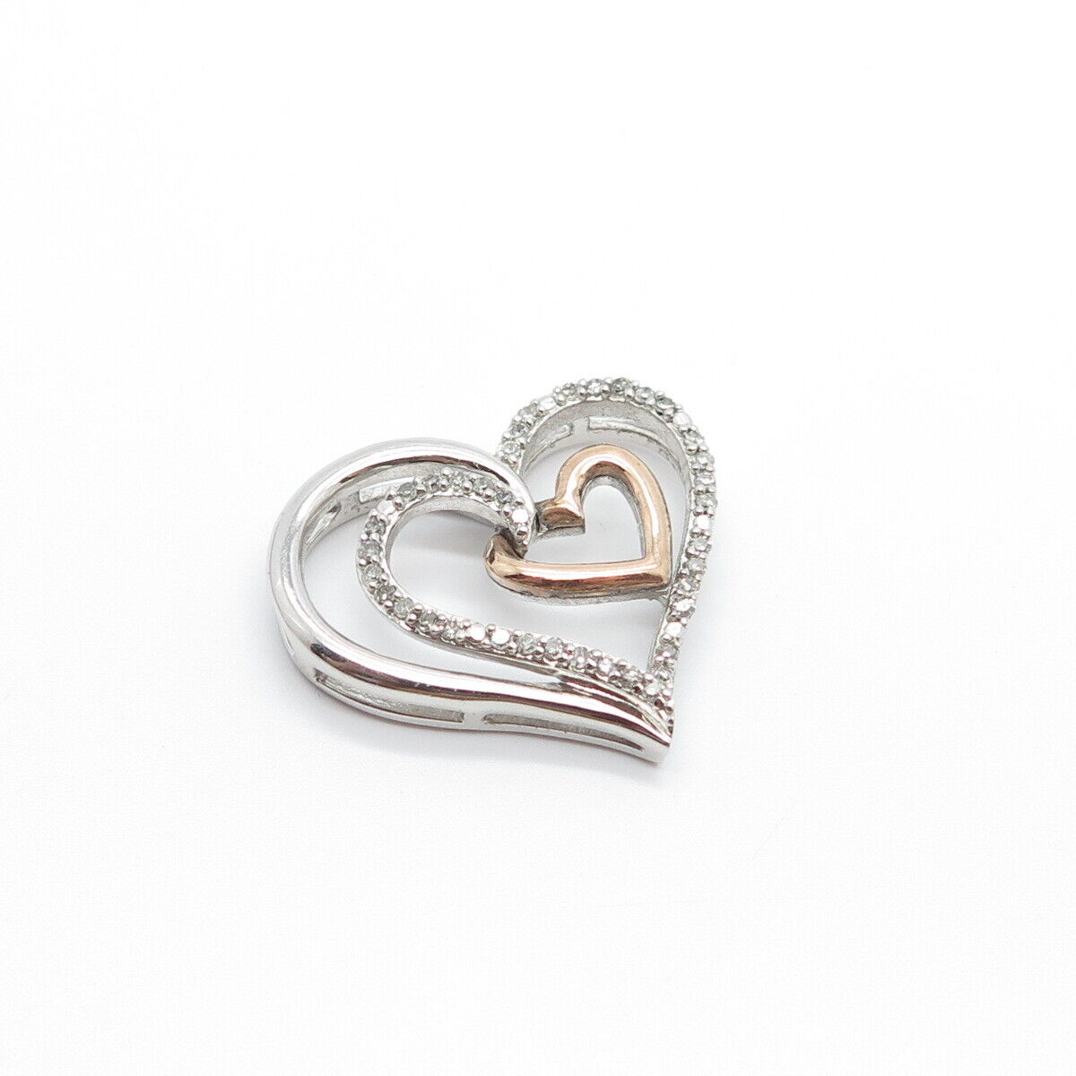 925 Sterling Silver / 10K Gold SUN Real White Diamond Triple Open Heart Pendant