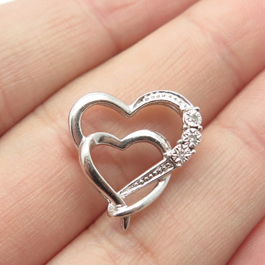 925 Sterling Silver Real White Diamond Couple of Hearts Slide Pendant