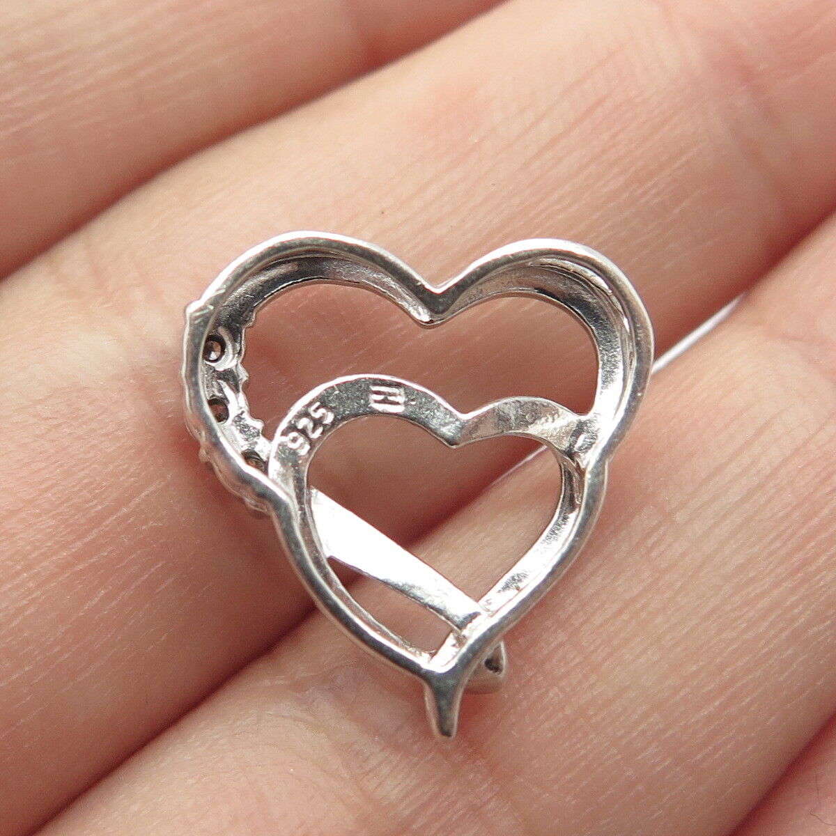 925 Sterling Silver Real White Diamond Couple of Hearts Slide Pendant