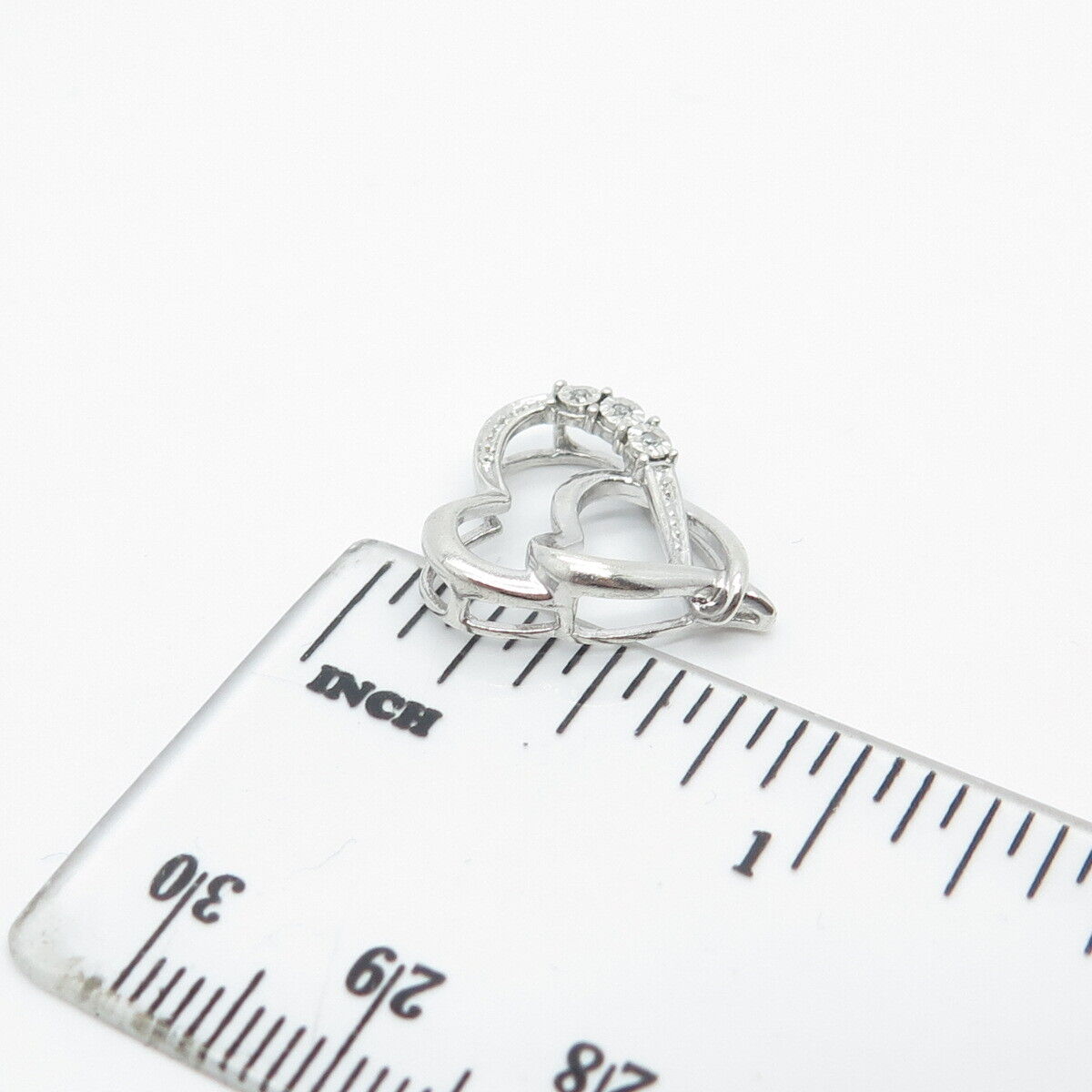 925 Sterling Silver Real White Diamond Couple of Hearts Slide Pendant