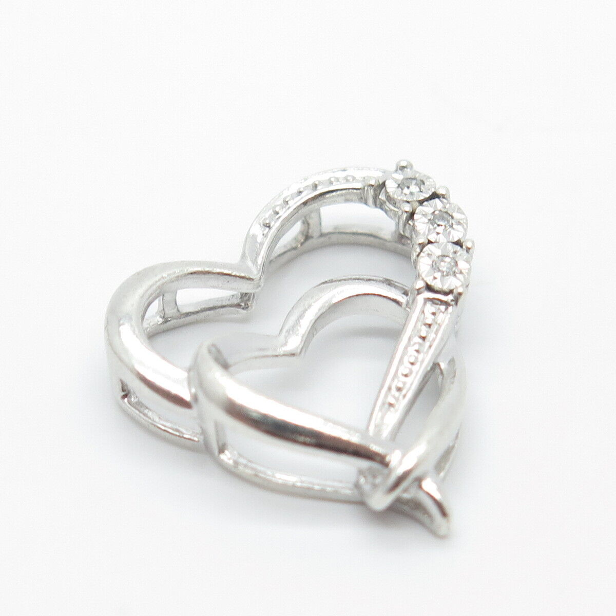 925 Sterling Silver Real White Diamond Couple of Hearts Slide Pendant