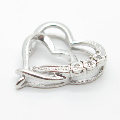 925 Sterling Silver Real White Diamond Couple of Hearts Slide Pendant