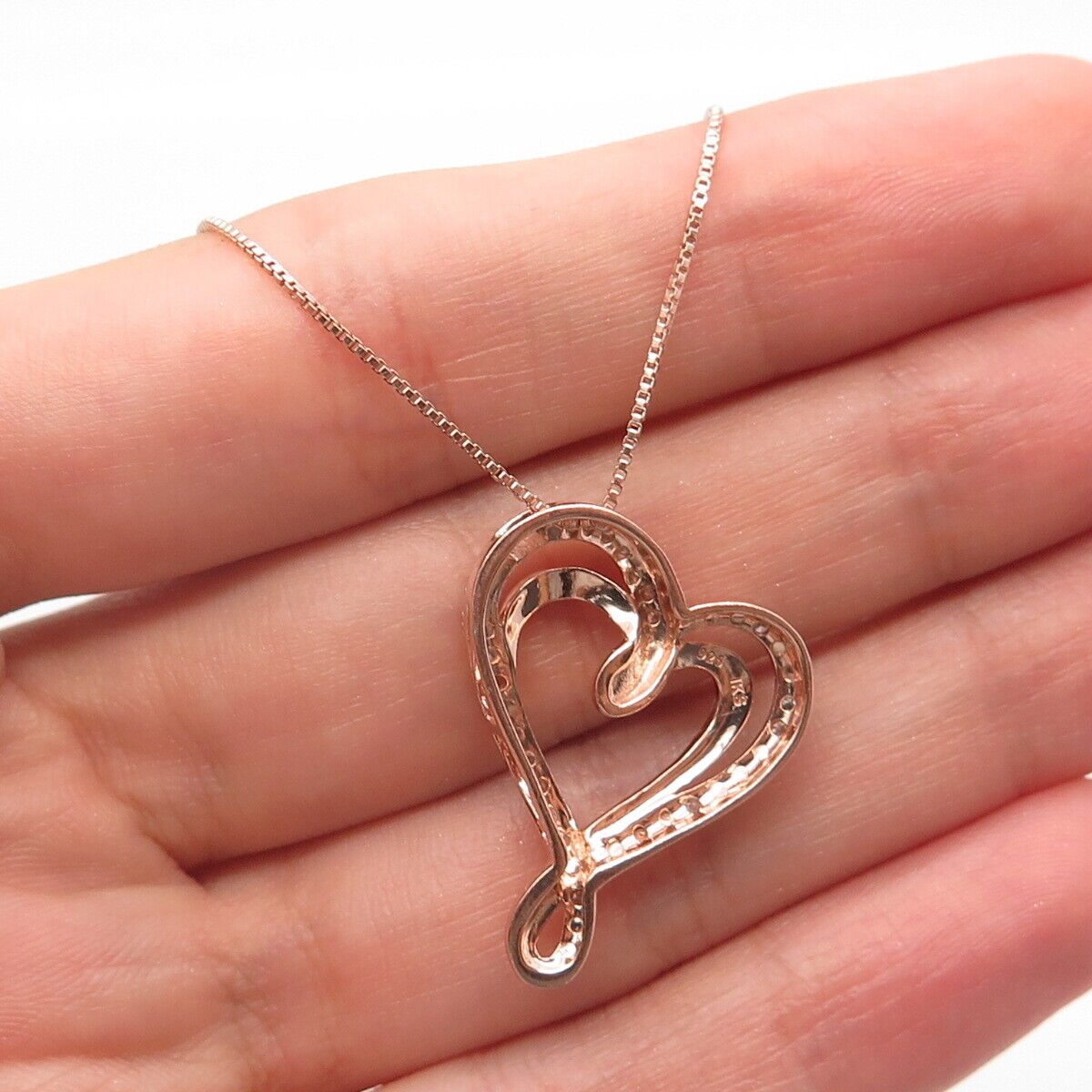 925 Sterling Silver Rose Gold Plated Real White Diamonds Box Chain Necklace 18"