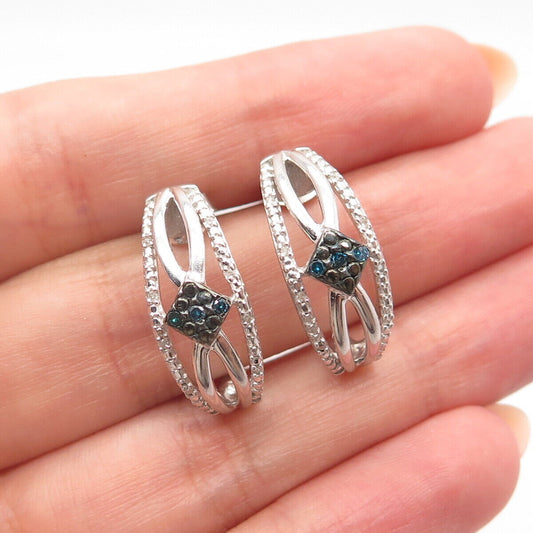 925 Sterling Silver SUN Real White & Blue Diamond Earrings