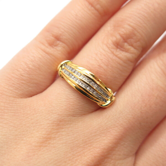 925 Sterling Silver Gold Plated Real White Diamond Striped Ring Size 6.75