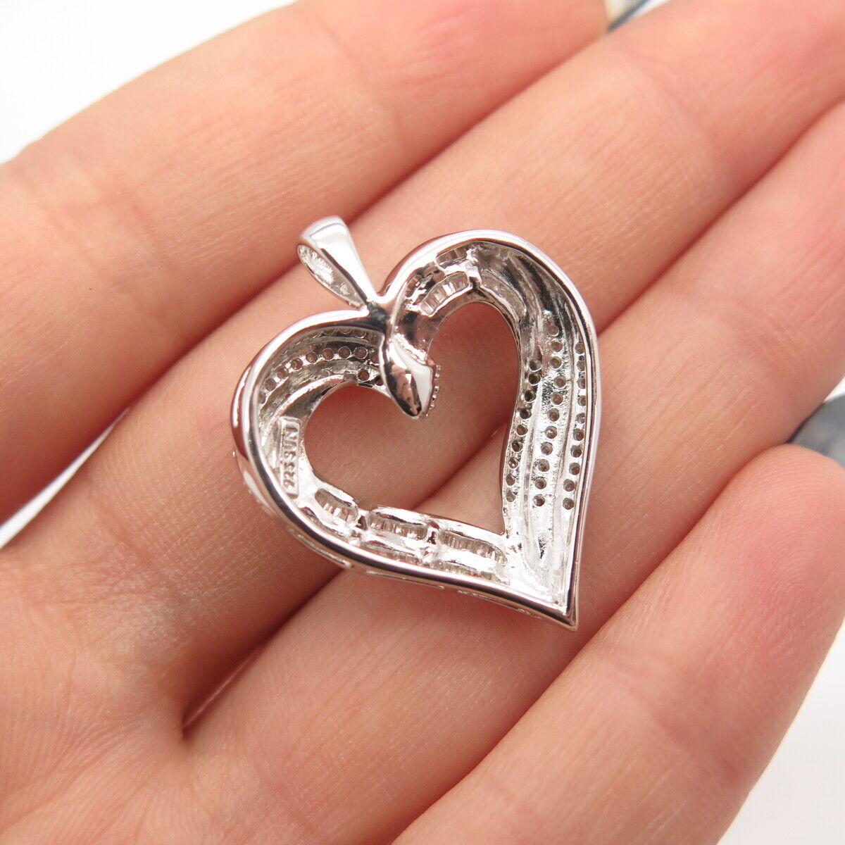 925 Sterling Silver SUN Real White Diamond Striped Open Heart Pendant