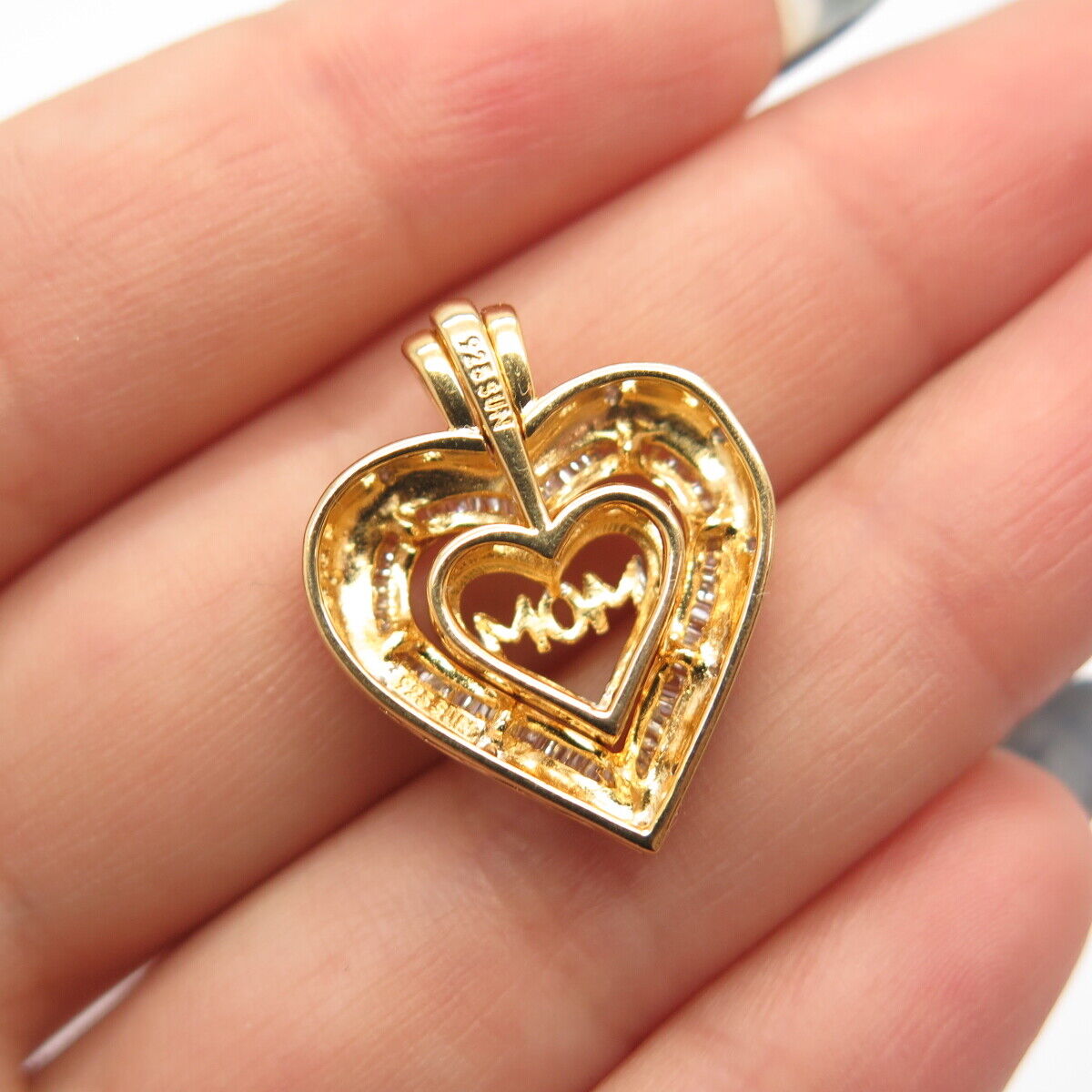 925 Sterling Silver Gold Plated SUN Real White Diamond "Mom" Open Heart Pendant