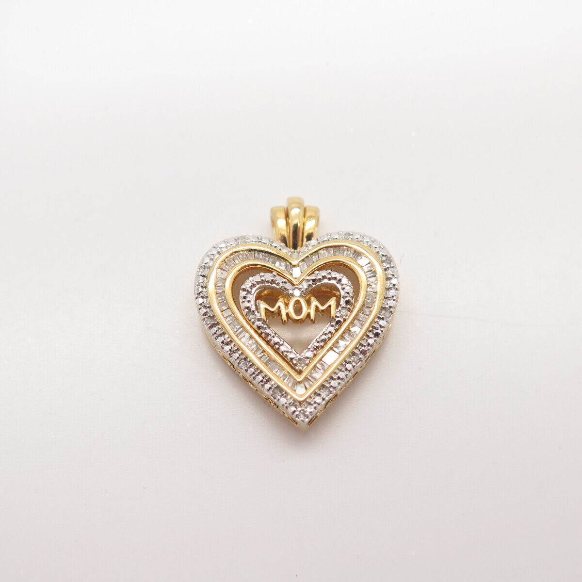 925 Sterling Silver Gold Plated SUN Real White Diamond "Mom" Open Heart Pendant