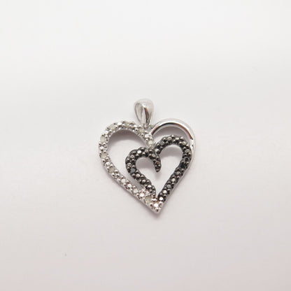 925 Sterling Silver SUN Real White & Black Diamond Open Double Heart Pendant