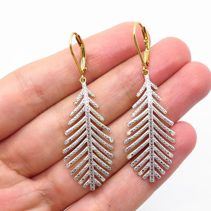 925 Sterling Silver Gold Plated Real White Diamond Feather Dangling Earrings