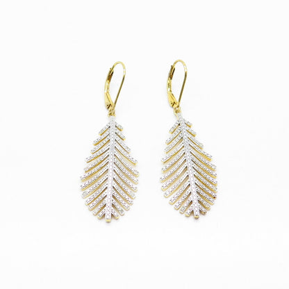 925 Sterling Silver Gold Plated Real White Diamond Feather Dangling Earrings