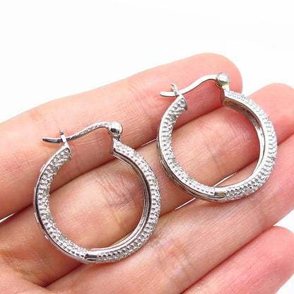 925 Sterling Silver Real White Diamond Round Hoop Earrings