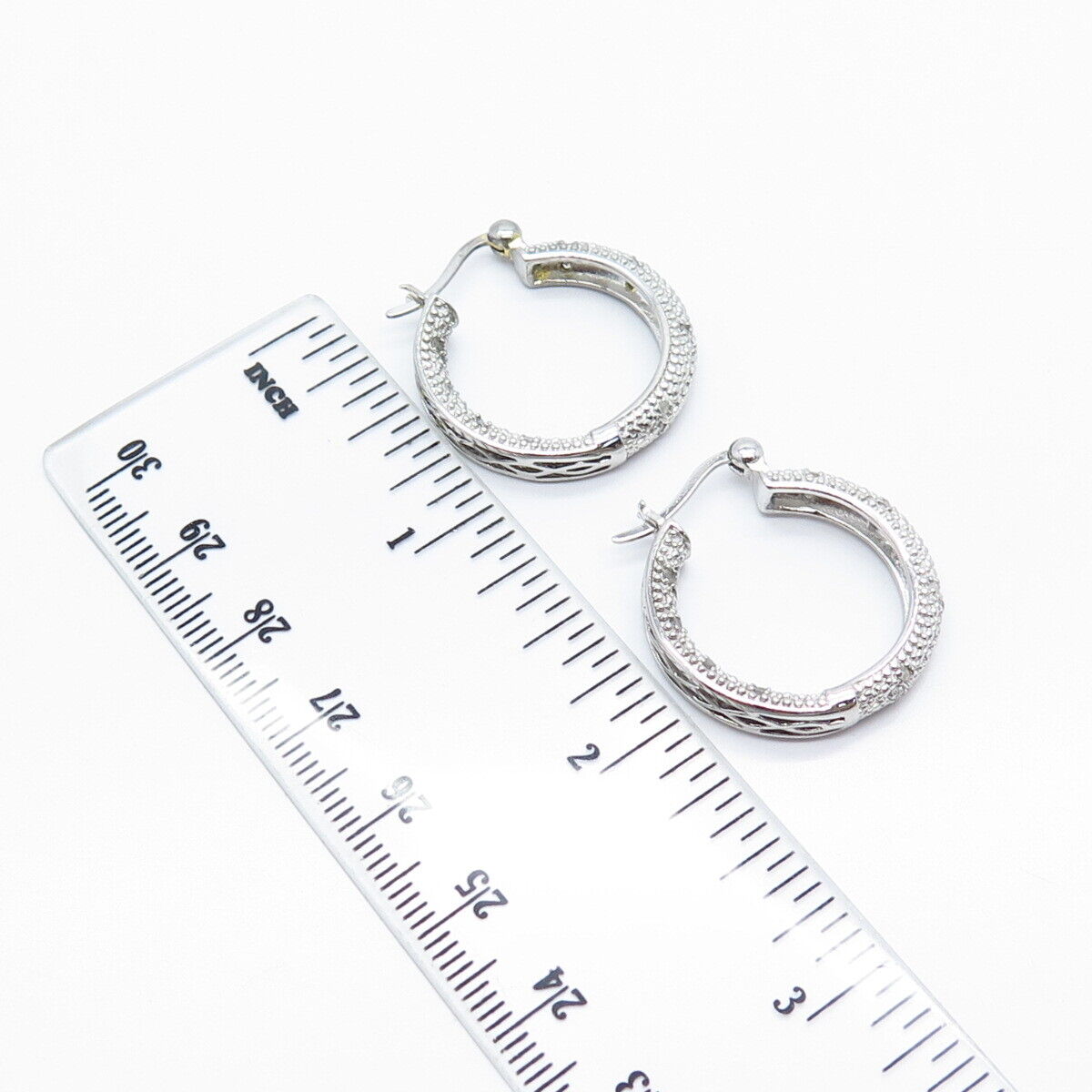 925 Sterling Silver Real White Diamond Round Hoop Earrings