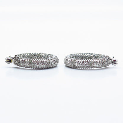 925 Sterling Silver Real White Diamond Round Hoop Earrings