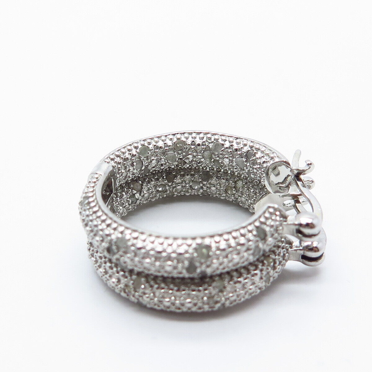 925 Sterling Silver Real White Diamond Round Hoop Earrings