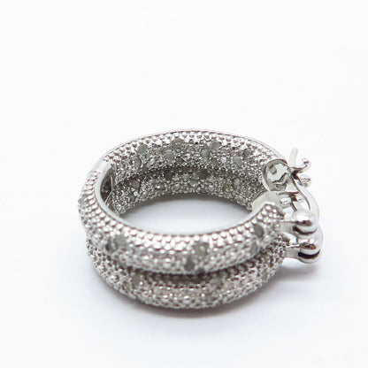 925 Sterling Silver Real White Diamond Round Hoop Earrings