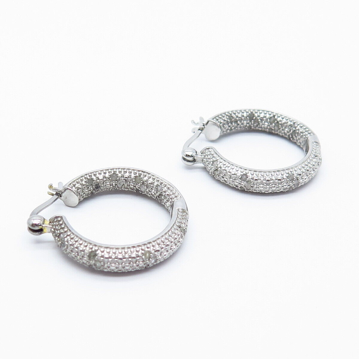 925 Sterling Silver Real White Diamond Round Hoop Earrings