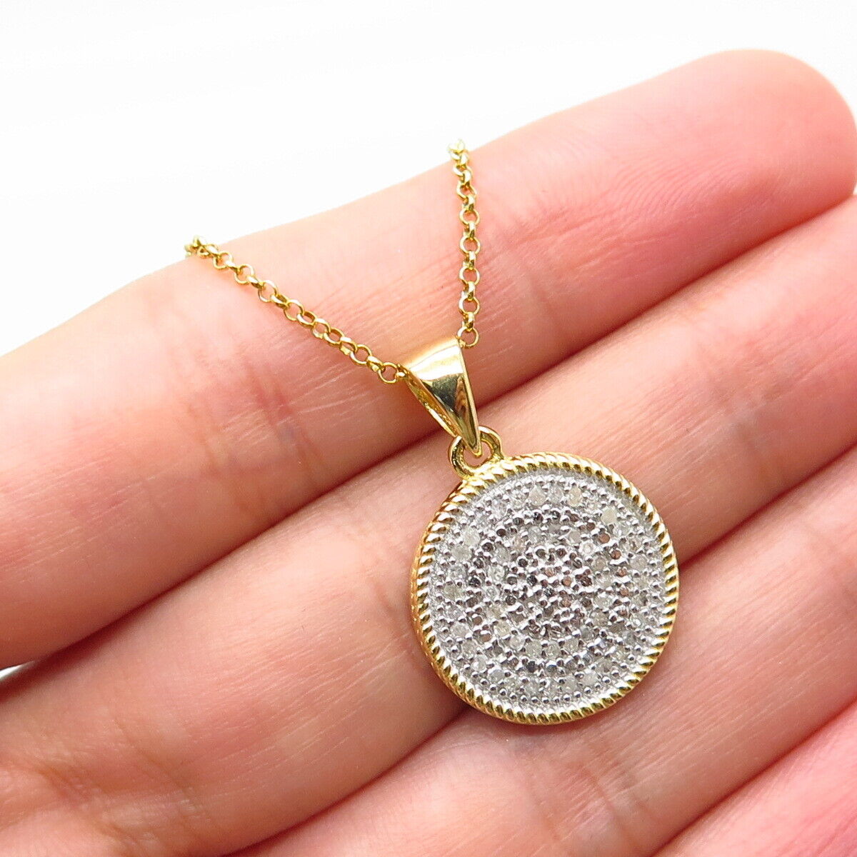 925 Sterling Silver Gold Plated Real White Diamond Rolo Chain Necklace 18"