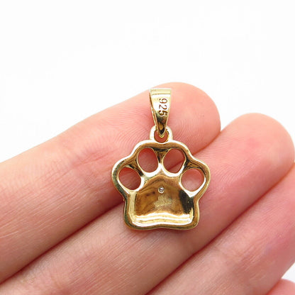 925 Sterling Silver Gold Plated Real White Diamond Accent Paw Pendant