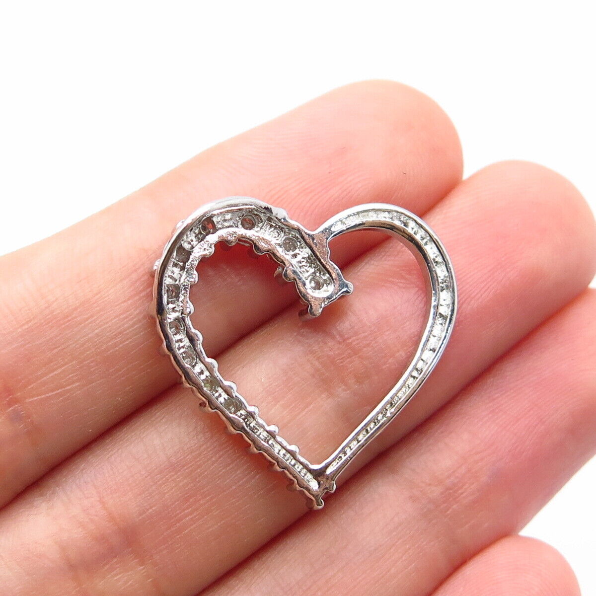 925 Sterling Silver Real White Diamond Open Heart Slide Pendant