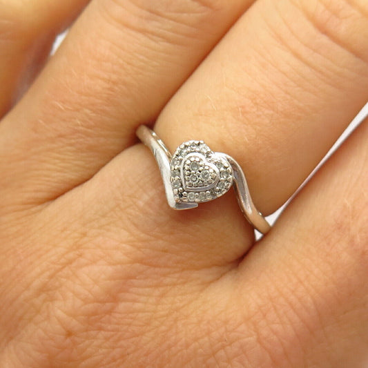 925 Sterling Silver Real Diamond Heart Design Bypass Ring Size 6 3/4