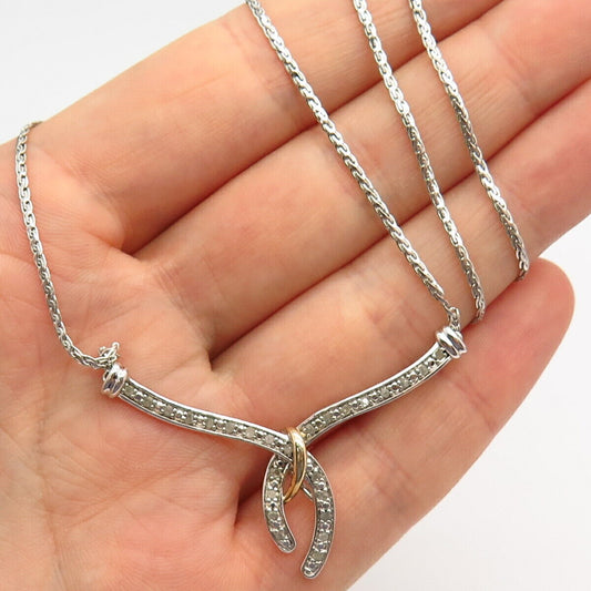 925 Sterling Silver 2-Tone Real Diamond Crossover Design Chain Necklace 17"