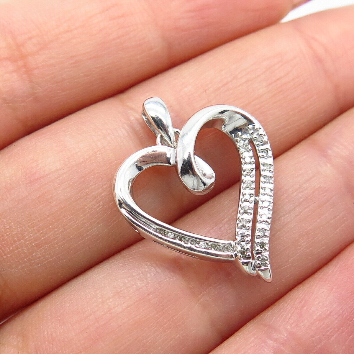 925 Sterling Silver Real White Diamond Open Heart Pendant