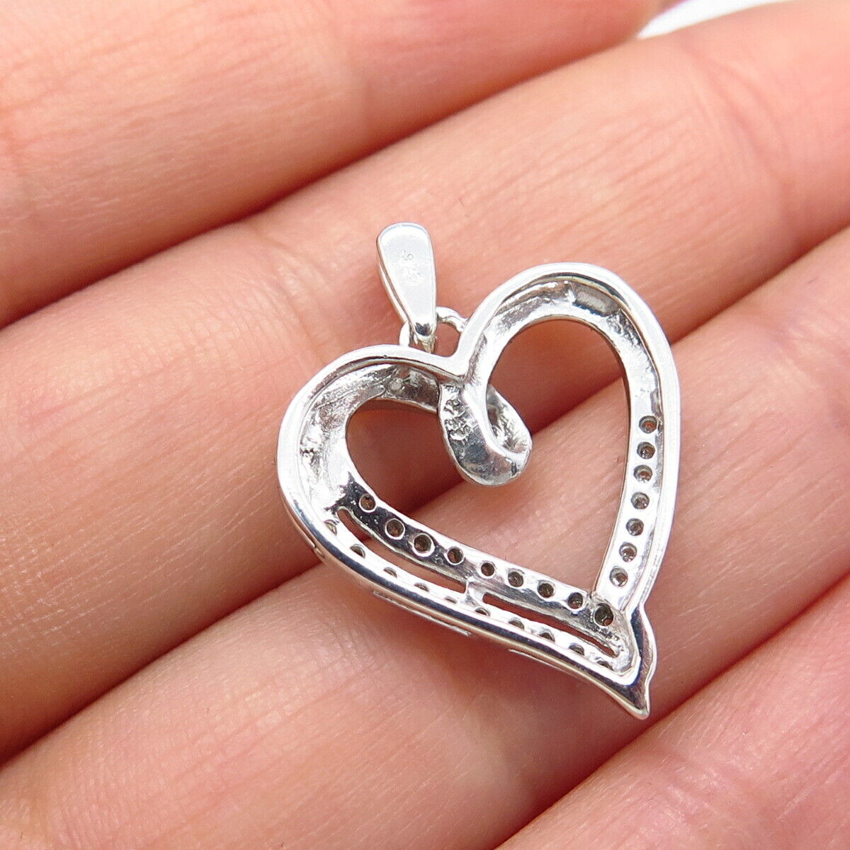 925 Sterling Silver Real White Diamond Open Heart Pendant