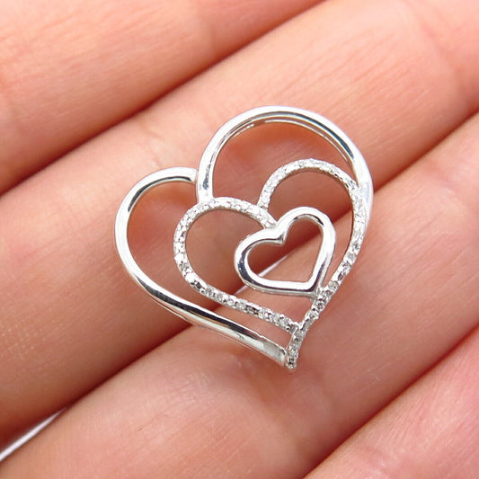 925 Sterling Silver Real White Diamond Triple Heart Slide Pendant