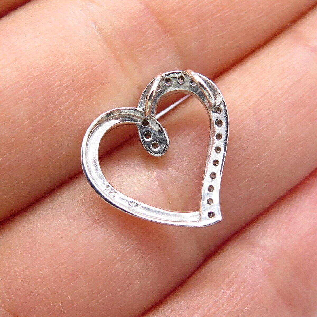 925 Sterling Silver Real White Diamond Open Heart Slide Pendant