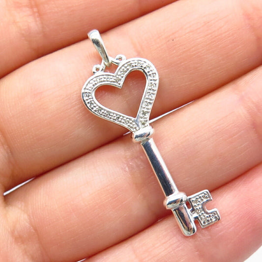 925 Sterling Silver Real White Diamond Key Pendant