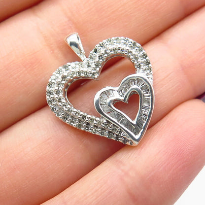 925 Sterling Silver SUN Real White Diamond Couple of Heart Pendant