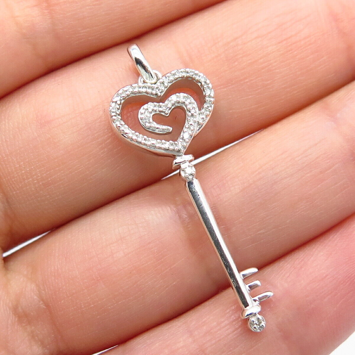 925 Sterling Silver Real White Diamond Key Pendant