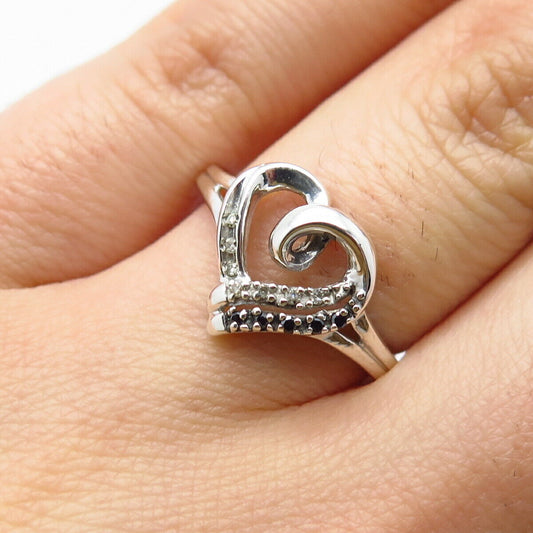 925 Sterling Silver Real White & Black Diamond Open Heart Ring Size 6.75