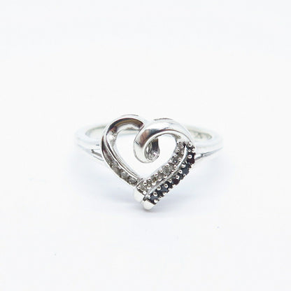 925 Sterling Silver Real White & Black Diamond Open Heart Ring Size 6.75