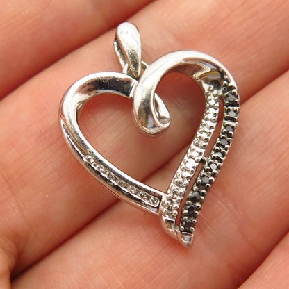 925 Sterling Silver Real White & Black Diamond Open Heart Design Pendant