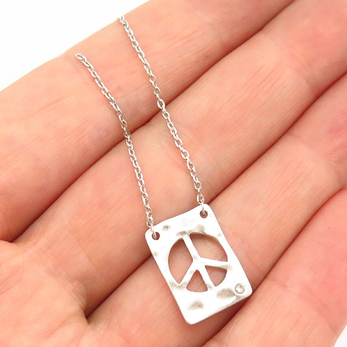 925 Sterling Silver Real Diamond Accent Peace Symbol Necklace Central Part