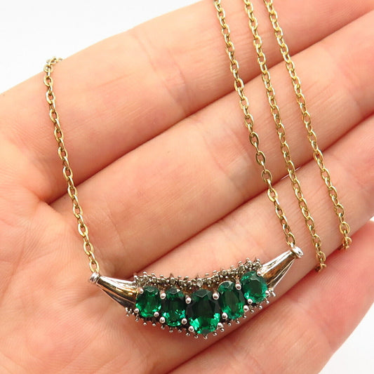 925 Sterling Silver 2-Tone Diamond Accent & Green C Z Chain Necklace 17"