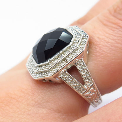 925 Sterling Silver Real White Diamond & Melanite Gemstone Ring Size 7