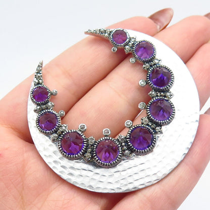 925 Sterling Silver Diamond & Amethyst Gem Hammered Finish Necklace Central Part